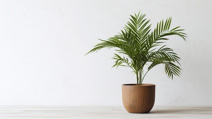 A decorative palm plant, with feathery fronds reaching out of a pot with a rustic wood finish, infusing a touch of nature on a white surface.
