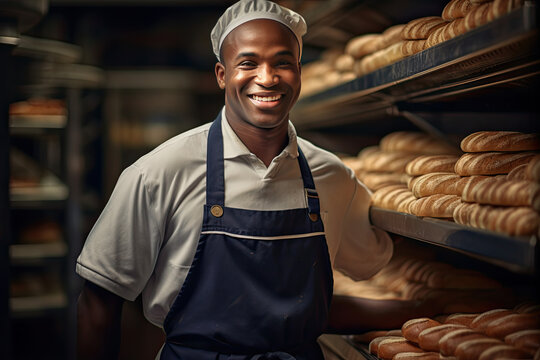 Baker in a bakery shop, pastry cafe, restaurant in the morning, wearing a chef's hat and uniform. Happy smiles with baked goods, fresh bread, cake and sweets in the store kitchen.