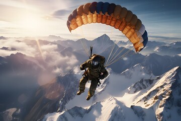 a man with parachute skydiving at high altitude in sky in snowy mountains - obrazy, fototapety, plakaty