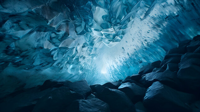 stunning image of an ice cave with light filtering through the translucent blue ice, showing intricate patterns above a rocky ground