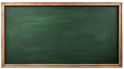 wooden frame, chalk empty green board with chalk traces background.