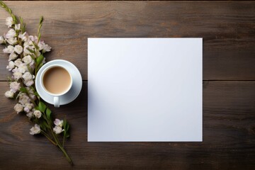 Obraz na płótnie Canvas Top view blank paper, flowers, cup of coffee. Desktop mock up, Flat lay of brown wood working table background with office equipment, mockup greeting card