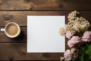 Top view blank paper, flowers, cup of coffee. Desktop mock up, Flat lay of brown wood working table background with office equipment, mockup greeting card