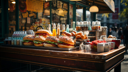 Fototapeta premium Urban Bites: Hot Dog Stand Delights in the Heart of the City. Generative AI.