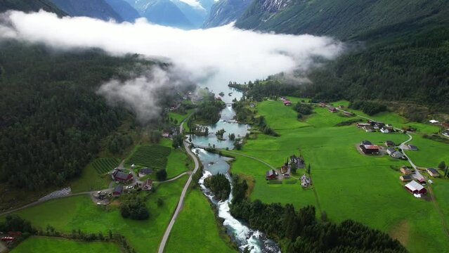 Aerial view above the fjord and lake of Lovatnet near Loen Norway