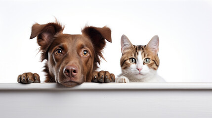 A dog and a cat look out over a white board or fence against a white background. Poster mockup for...