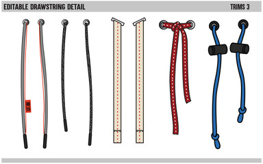 DRAWSTRING CORD FLAT SKETCH SET OF DRAW STRING WITH AGLETS FOR WAIST BAND, BAGS, SHOES, JACKETS, SHORTS, PANTS, DRESS GARMENTS, DRAWCORD AGLETS FOR CLOTHING AND ACCESSORIES VECTOR ILLUSTRATION - obrazy, fototapety, plakaty