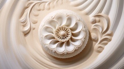 A delicate seashell with an intricate spiral pattern, set against smooth white sand.