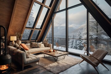 a modern minimalist wooden cabin house on snowy landscape in winters