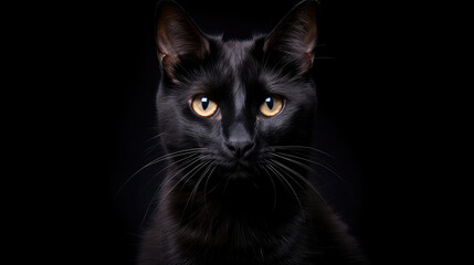 Full face portrait of a black cat on a black background.