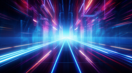 Abstract technology futuristic glowing neon blue and pink light lines with speed motion moving on dark blue background	
