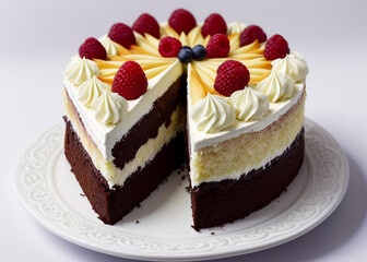 A luscious berry cake dripping with buttercream and adorned with strawberries and blueberries, standing tall like a white plant in an indoor garden, tempting us with its sweetness. 