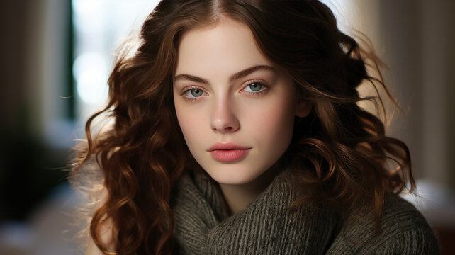 Stunning Portrait of a Beautiful Girl, Elegant Female Beauty, AI-Generated
