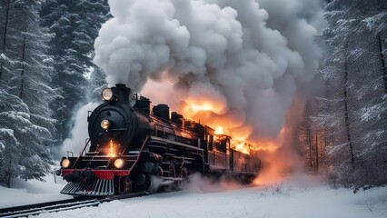 steam train in the snow  A burning, steam train exploding, on fire, flames that puff out white smoke as it travels   - obrazy, fototapety, plakaty