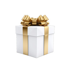 White gift box with gold bow isolated on transparent and white background. PNG transparent