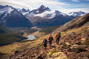 Fototapeta premium People are hiking in the mountains in groups.