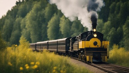 Fototapeta premium steam train in the forest A retro western train that smokes along a grassy prairie. The train is black and yellow, 