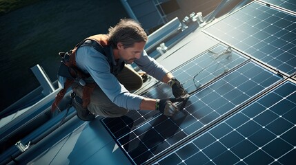 The aerial view of solar panel and engineer worker installing and checking maintain solar panel energy green system in the rooftop of building and home