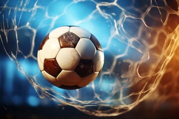 Soccer ball in the net on a dark background. Football or Soccer Concept With Copy Space. Goal Concept.