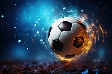 Soccer ball on fire with light rays and smoke. Football or Soccer Concept With Copy Space. Goal Concept.