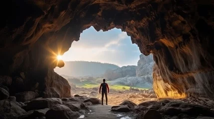 Poster A man standing in front of the cave looked at the natural scenery © Voilla