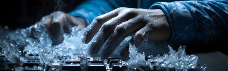 Frozen hand on a keyboard  - obrazy, fototapety, plakaty
