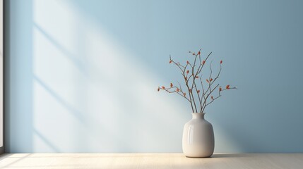Empty interior scene with a blue wall, where a vase with a branch sits on a table near a window, capturing the stillness and simplicity of the space