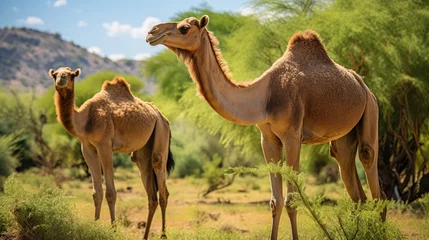 Foto auf Leinwand A pair of camels peacefully grazing in the lush oasis of an African savannah © MAY