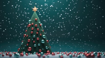 Christmas tree decorated with lights on a dark green background. Merry Christmas and Holidays greeting card, frame, banner. New Year.