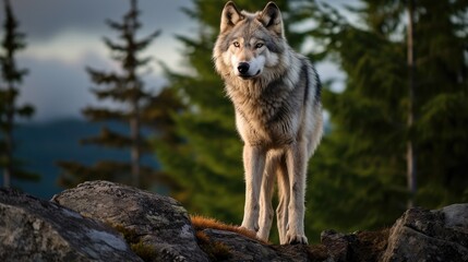Obraz premium A majestic wolf standing on a rocky outcrop overlooking a moonlit forest