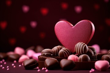 Obraz premium Pink heart and variety of chocolates. Valentines day, anniversary, mothers day or any celebration.