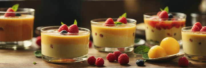 Row of healthy fresh fruit and vegetable smoothies with assorted ingredients served in glass...