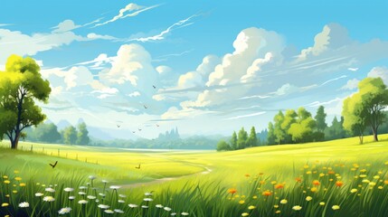 Beautiful spring meadow with fresh grass and yellow dandelions in nature. 