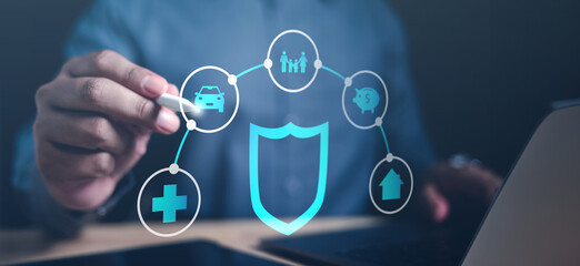 care, health, insurance, protection, health care, medicine, shielding, concept, cross, car. use tablet to choose icon like clock and center that's shield icon, insurance and asset protection.