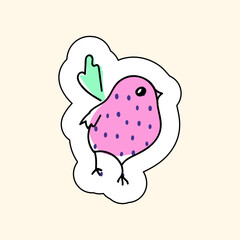 Sticker Pink Bird On A Beige Background. Groove Style. Sketch for printing on childrens products, posters, fabric, wallpaper. Vector illustration