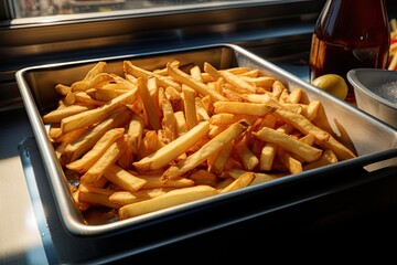 Delicious, golden-brown french fries are ready to be served.