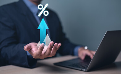 diagram, financial, graph, wealth, growth, investment, investor, market, profit, stock. on the palm graph is going growth to take benefit. the percent symbol put on bar graph, it means interest.