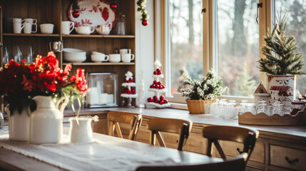 Beautiful Christmas and new year decorated kitchen with table and chairs