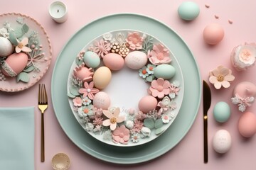 Fototapeta na wymiar Happy Easter concept with pastel table setting, easter eggs, feathers and spring flowers