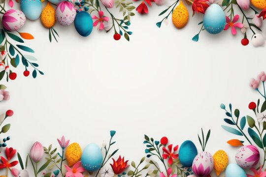 A colorful easter eggs frame with a flower border