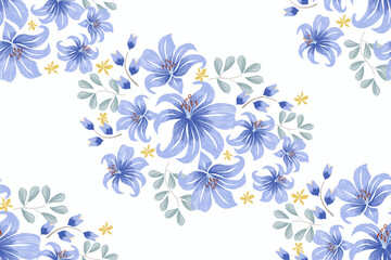 floral seamless pattern blue flowers motifs embroidery  ikat oriental batik watercolour design background border wallpaper. Floral  motifs seamless pattern Vector illustration 