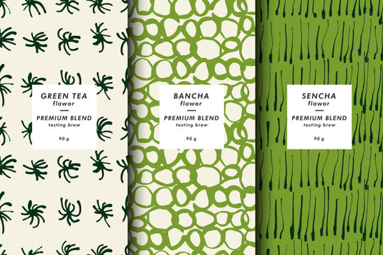 Vector illustration set of templates contemporary abstract cover and patterns for green tea packaging with labels. Minimal modern backgrounds