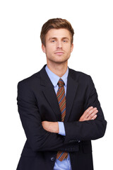Corporate portrait, arms crossed and studio man, real estate agent or realtor pride, confidence and profile picture. Expert, professional job experience and property developer on white background