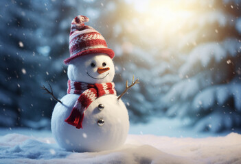 Fototapeta premium 雪とクリスマスの冬の背景。コピースペースとメリークリスマスとハッピーニューイヤー。Christmas winter background featuring snow and blurred bokeh. Greeting card wishing you a Merry Christmas and a Happy New Year with copy space,Generative AI 