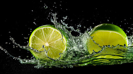 Lime with water splash, isolated on black background. Studio shot.