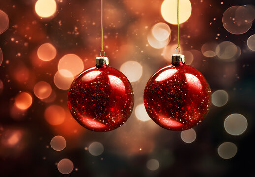 Close-up photo of couple shiny glass christmas baubles against blurred gold sequin background with lights bokeh, glitter and sparks. Merry Christmas and happy New Year cozy seasonal concept.