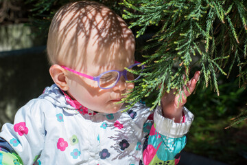 One little girl in the shadow of the beautiful green tree. One little girl in glasses is looking at the tree. Ecology is important for kids