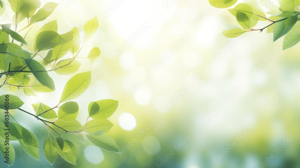 Poster close-up of light green leaves and sunlight. blurred background. beautiful natural bokeh. copy the s