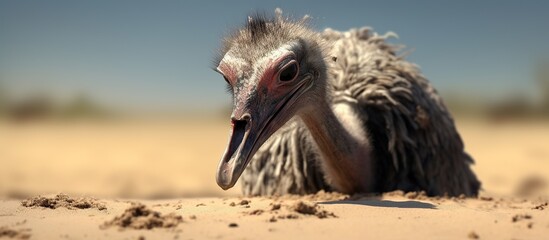 ostrich in desert with sand and clouds