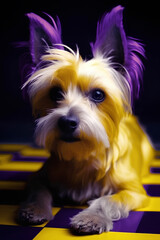 Portrait of small cute dog with purple and yellow colored fur laying on the checkerboard floor on dark background.